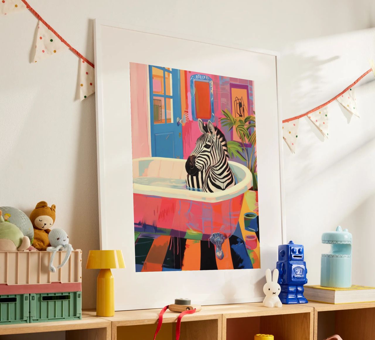 Zebra in un bagno, bagno massimalista poster da Peaches Art Prints