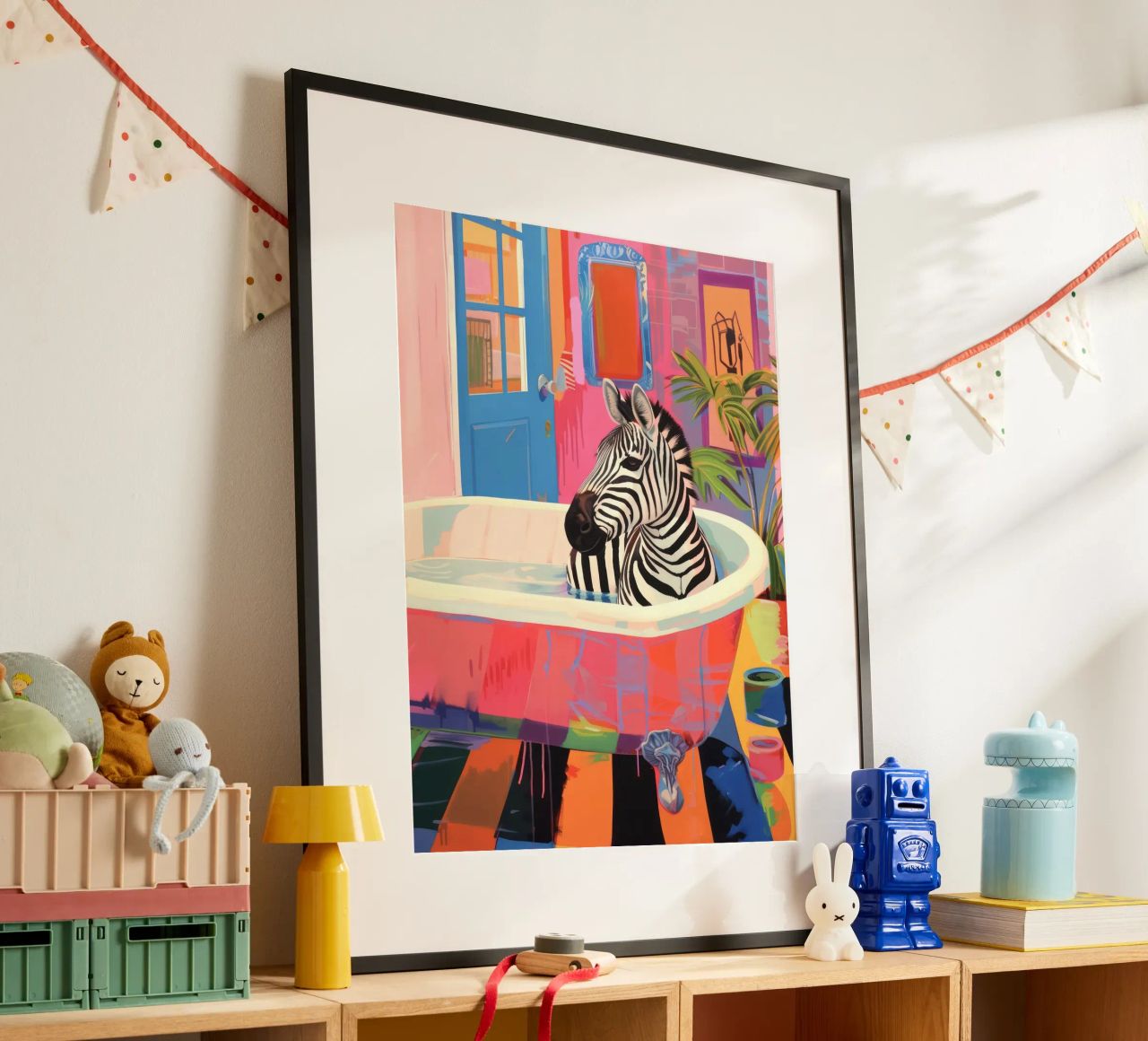 Zebra in un bagno, bagno massimalista poster da Peaches Art Prints