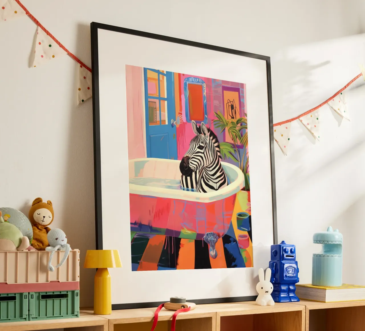 Zebra in un bagno, bagno massimalista carta hahnemühle da Peaches Art Prints