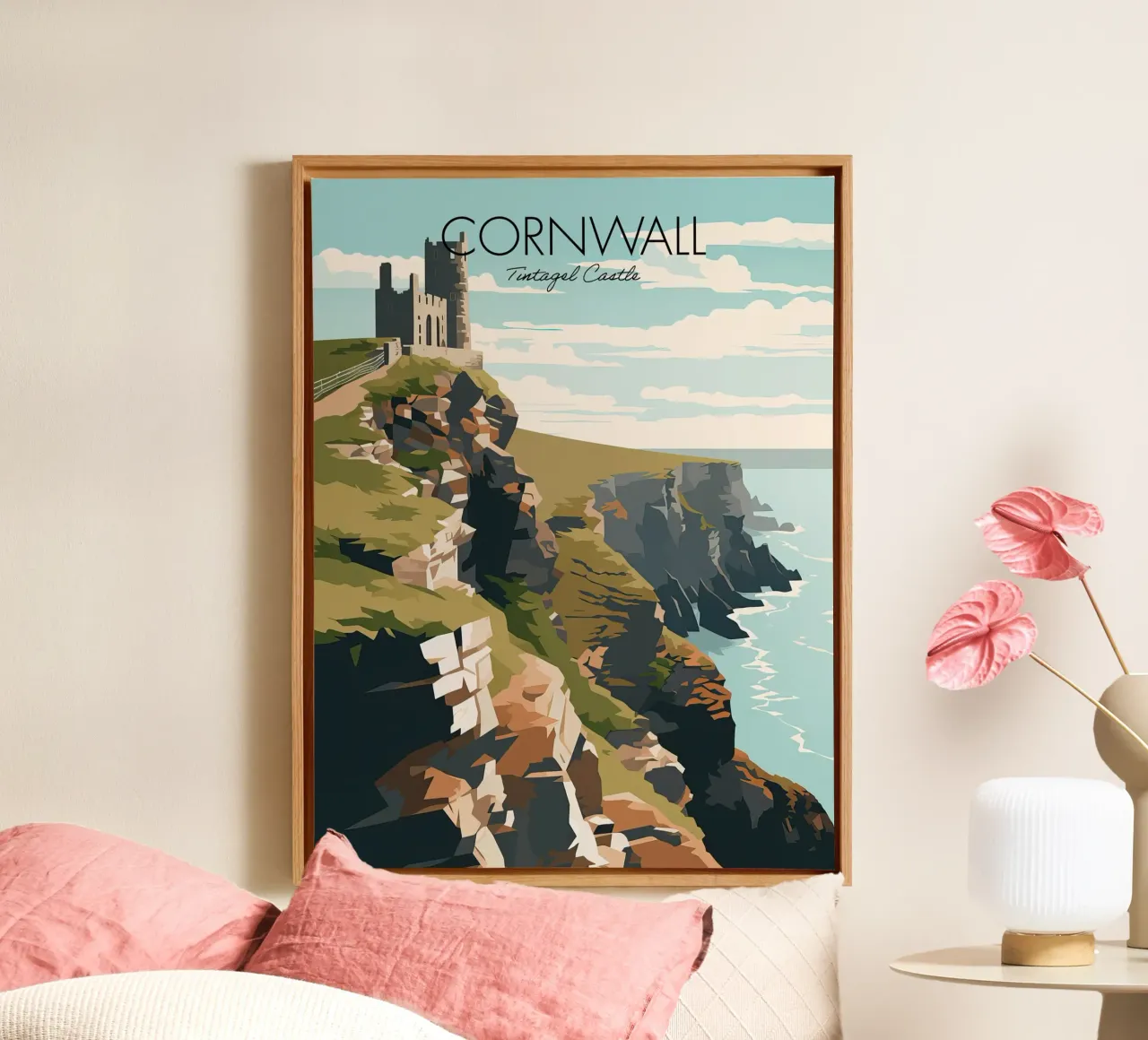 Cornwall, Engeland,Castle Cliffs Reiskunst canvas met Baklijst van Peaches Art Prints