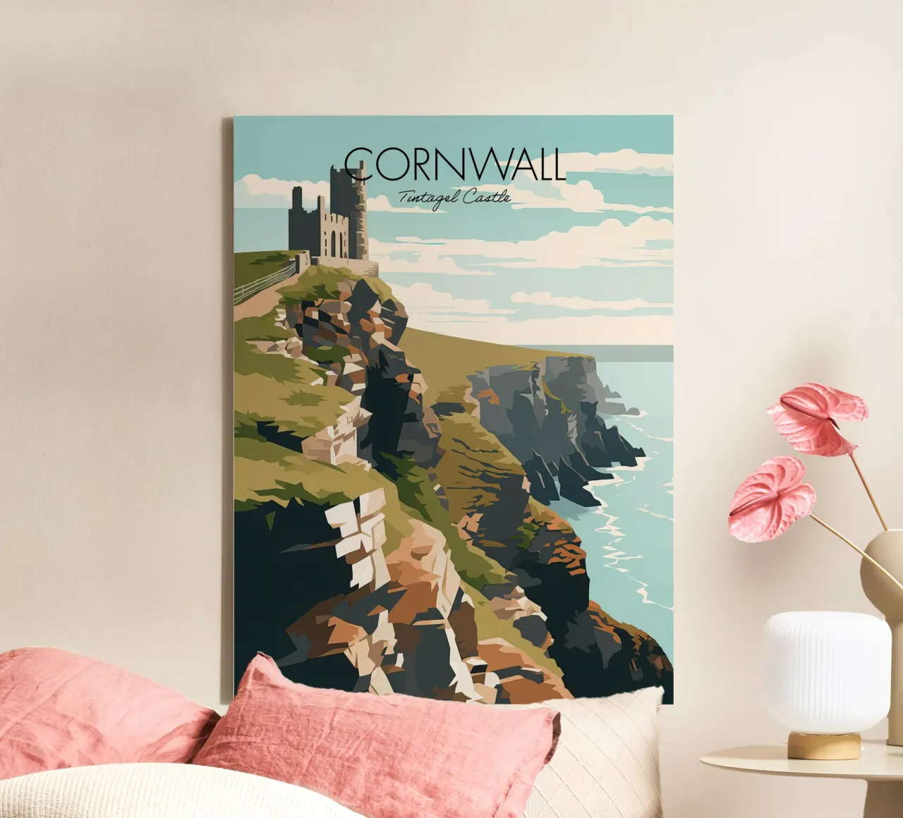 Cornwall, Engeland,Castle Cliffs Reiskunst canvas met Baklijst van Peaches Art Prints