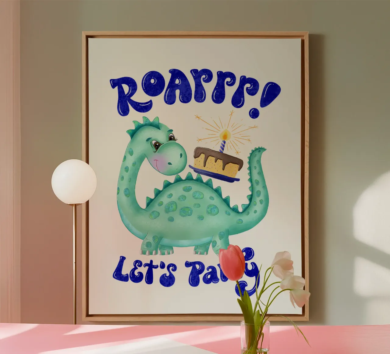 Dinosaur with birthday cake. Roarrr. Let's party. canvas with Floater frame by CalliLetters