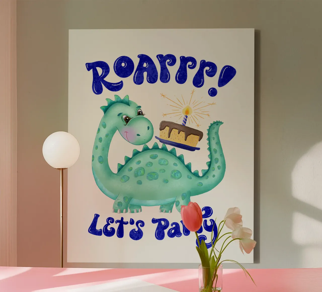 Dinosaur with birthday cake. Roarrr. Let's party. canvas with Floater frame by CalliLetters