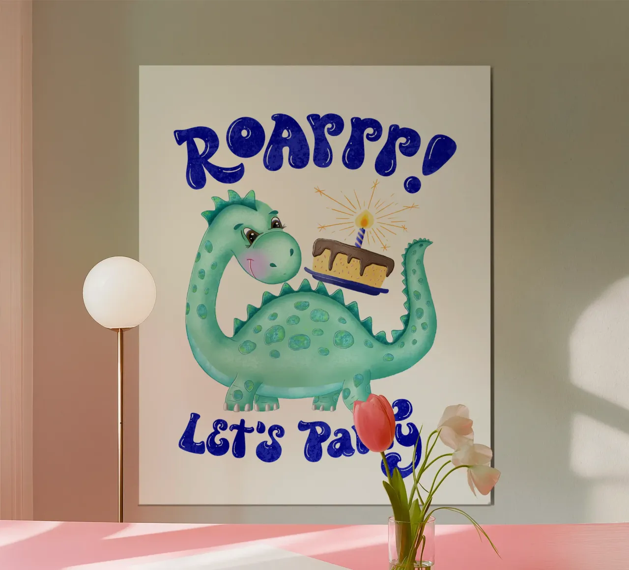 Dinosaure avec gâteau d'anniversaire. Roarrr. Faisons la fête. poster avec cadre en aluminium de CalliLetters