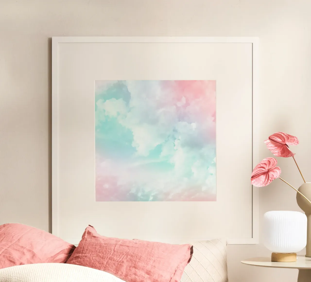 Etéreo cielo azul algodón de azúcar poster con marco de plástico de Dominique Vari Abstract