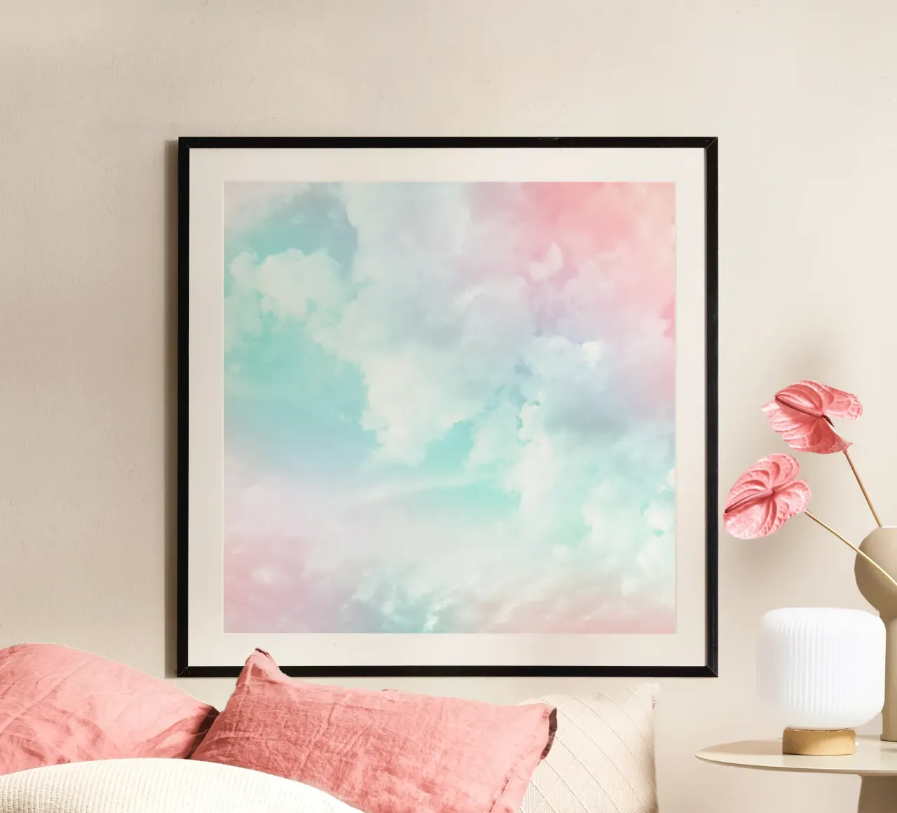 Etéreo cielo azul algodón de azúcar poster con marco de plástico de Dominique Vari Abstract
