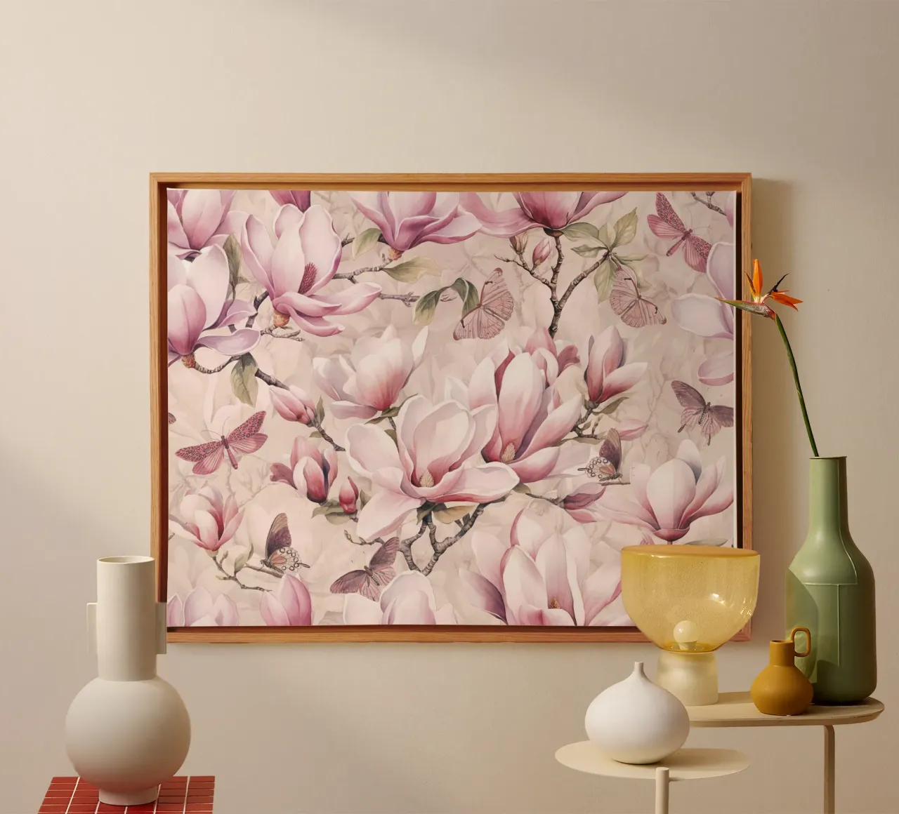 Magnolia en vlinder pastelroze canvas met Baklijst van Andrea Haase Floral Passion
