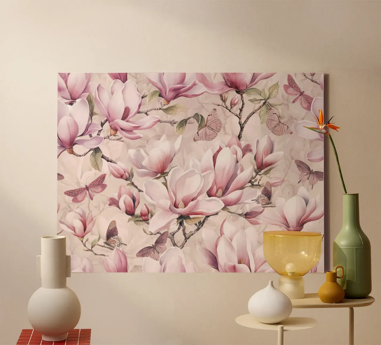 Magnolia en vlinder pastelroze canvas met Baklijst van Andrea Haase Floral Passion