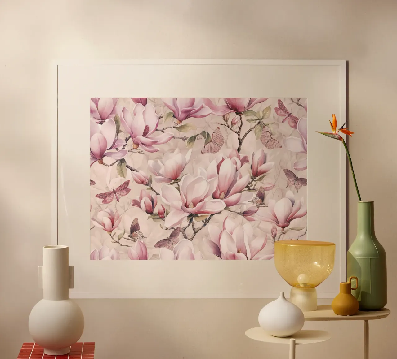 Magnolia And Butterfly Pastel Pink poster con telaio in alluminio da Andrea Haase Floral Passion