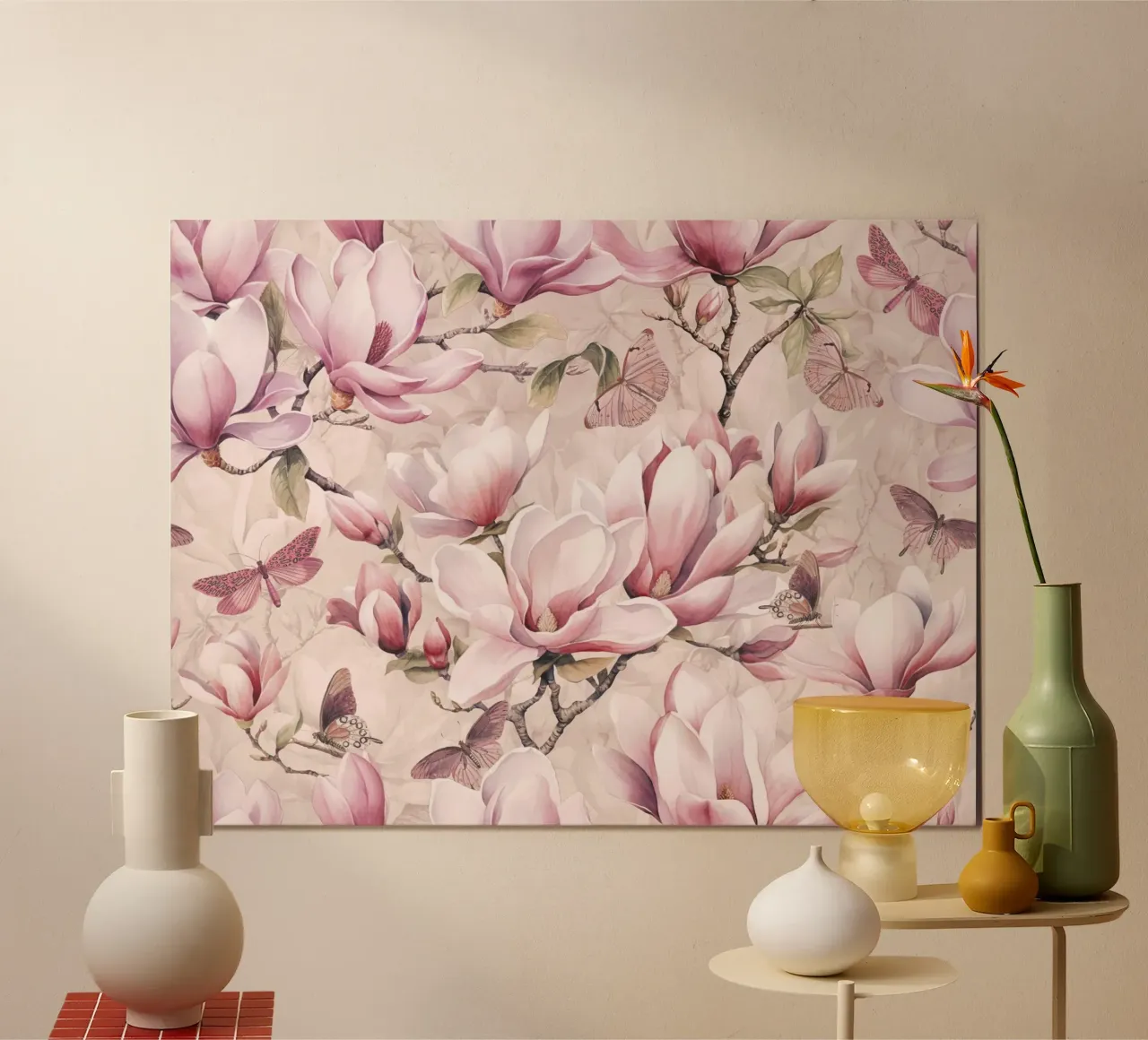 Magnolia And Butterfly Pastel Pink poster con telaio in alluminio da Andrea Haase Floral Passion