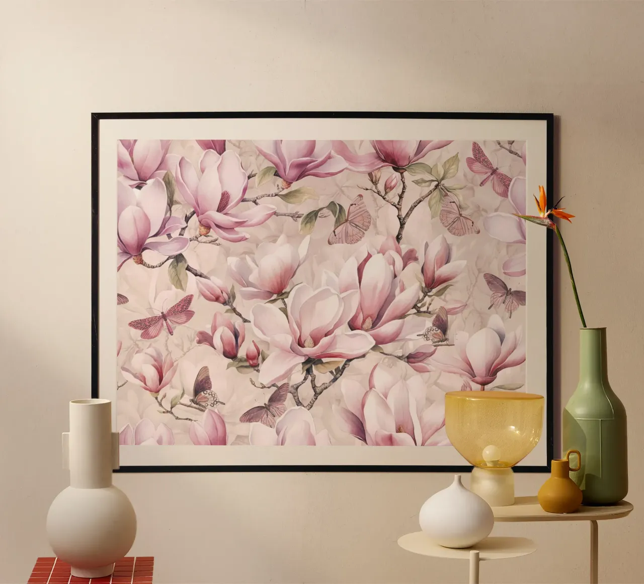 Magnolia And Butterfly Pastel Pink poster con telaio in alluminio da Andrea Haase Floral Passion
