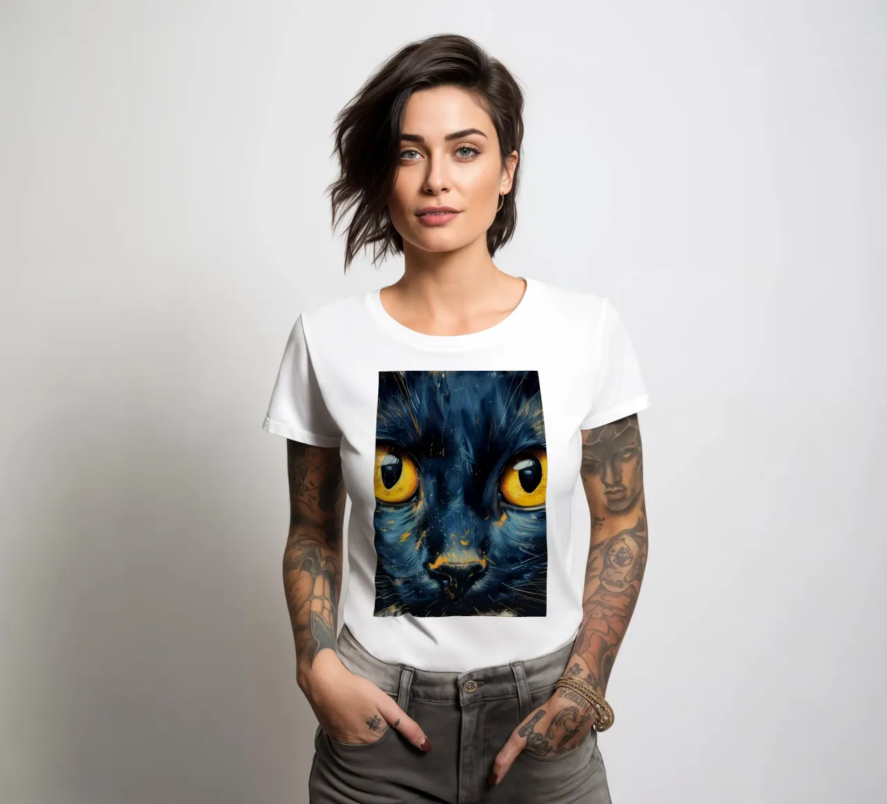 Black cat with yellow eyes women's fitted t-shirt by Justyna Jaszke JBJart
