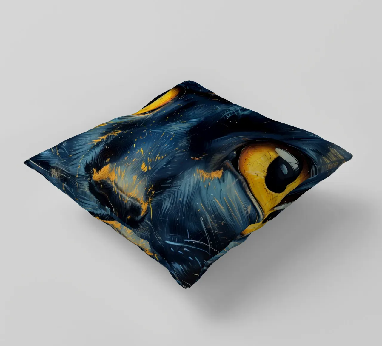 Black cat with yellow eyes decorative cushion by Justyna Jaszke JBJart