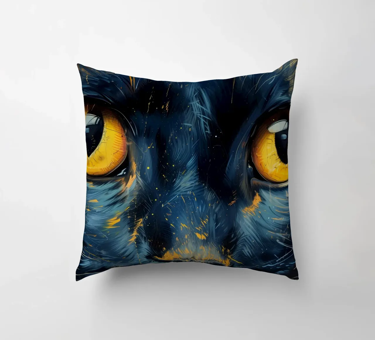 Black cat with yellow eyes decorative cushion by Justyna Jaszke JBJart