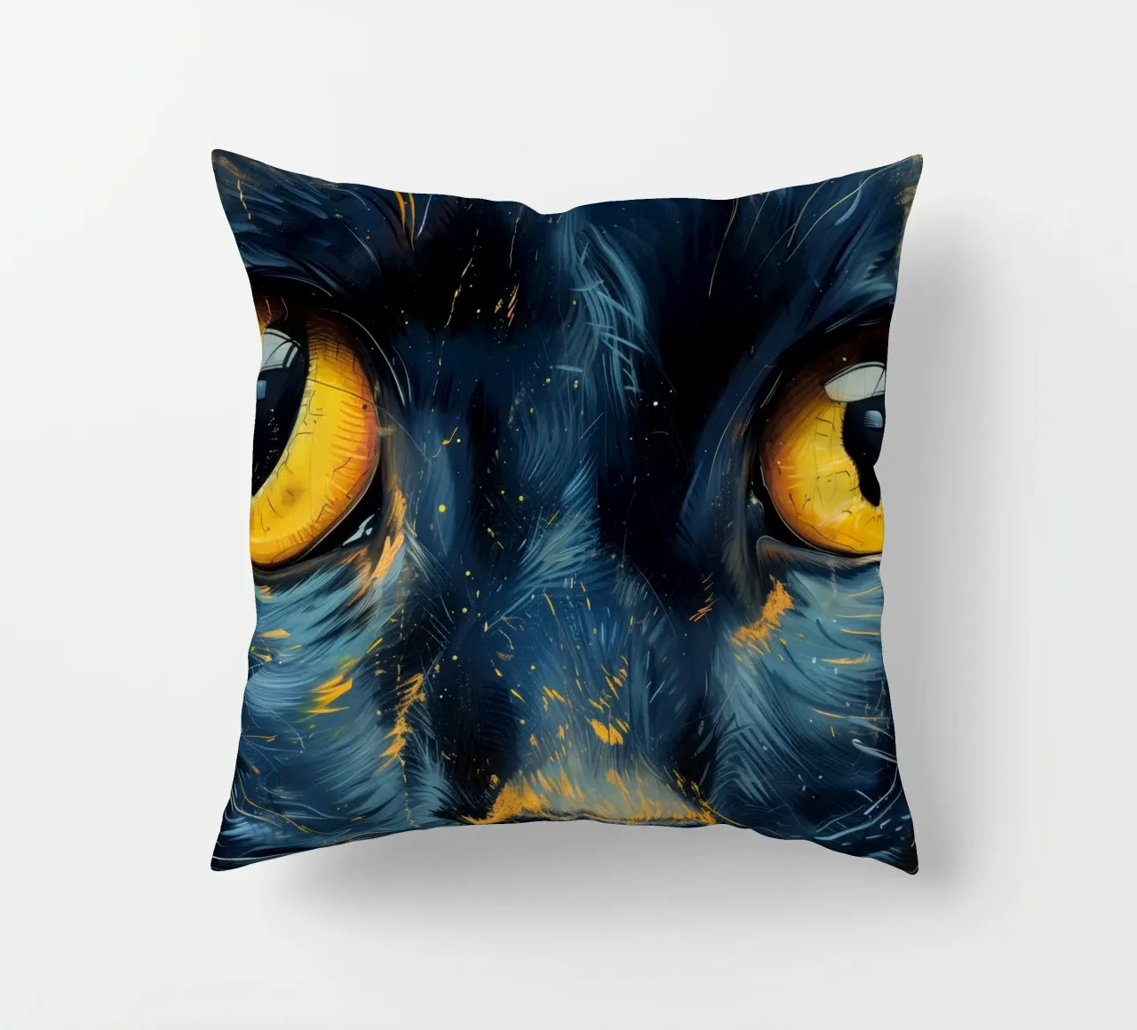 Black cat with yellow eyes decorative cushion by Justyna Jaszke JBJart