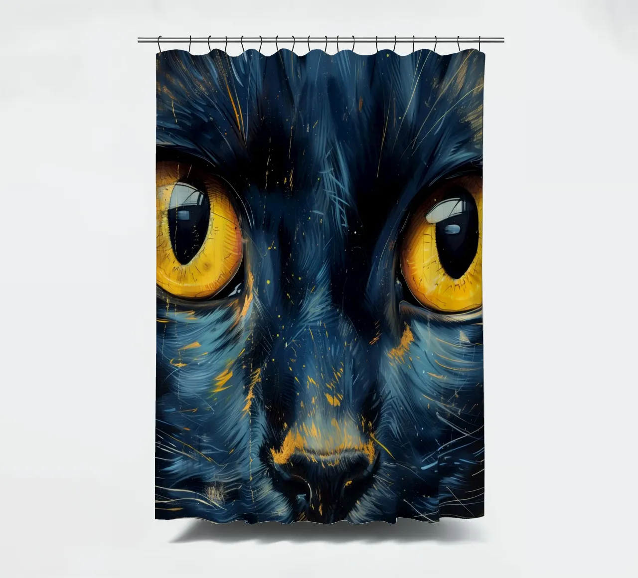 Black cat with yellow eyes shower curtain by Justyna Jaszke JBJart