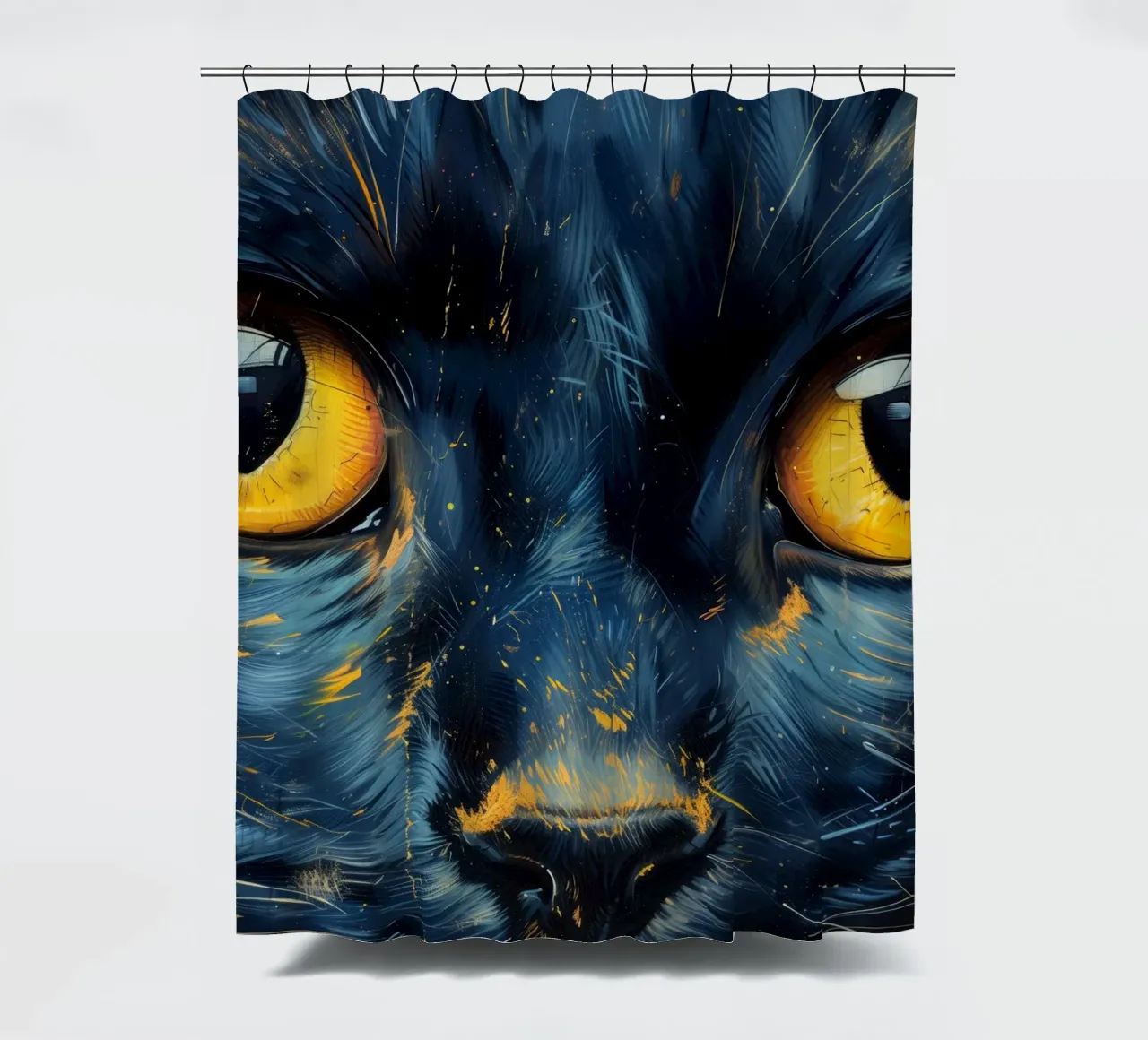Black cat with yellow eyes shower curtain by Justyna Jaszke JBJart