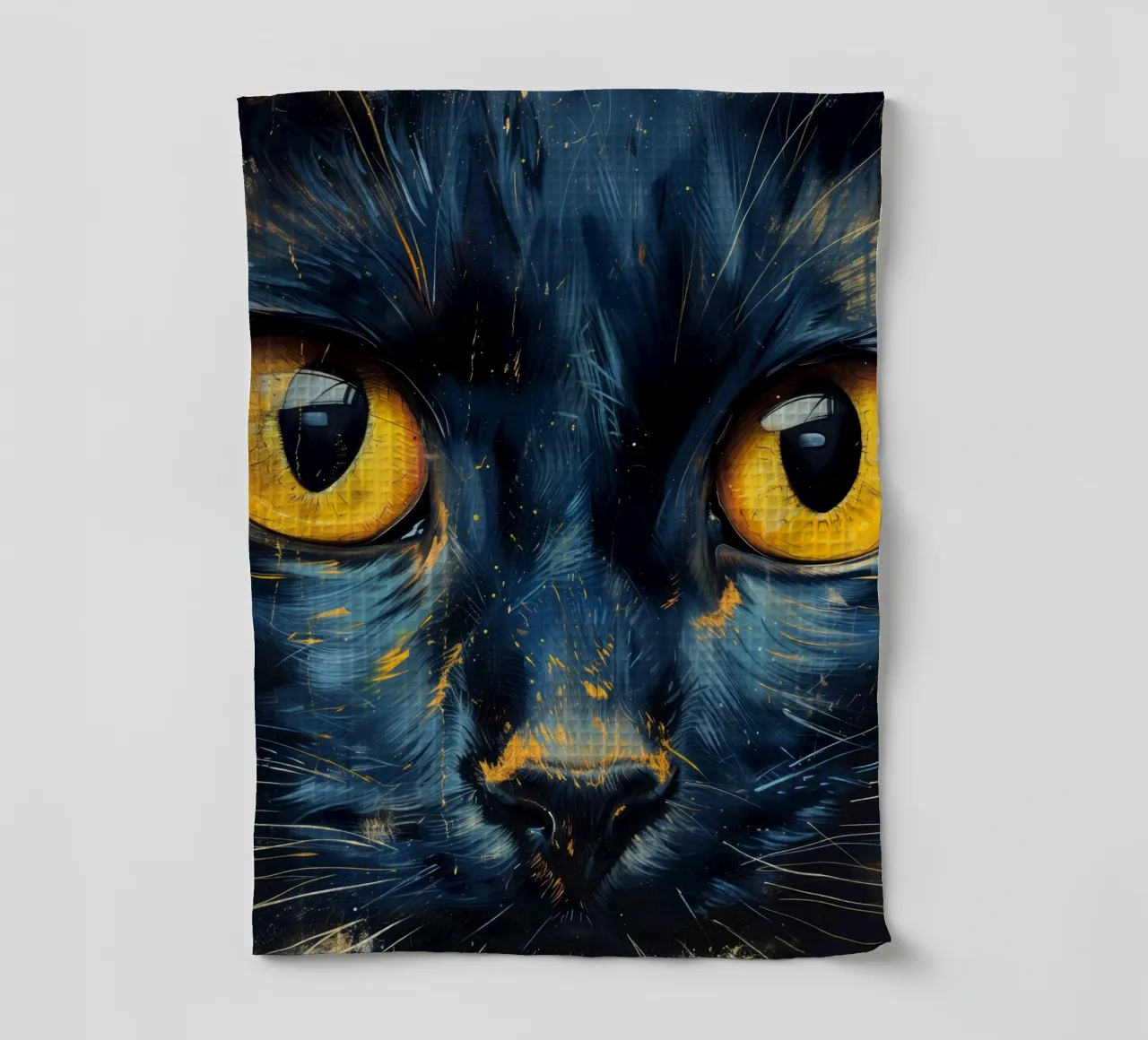 Black cat with yellow eyes tea towel by Justyna Jaszke JBJart