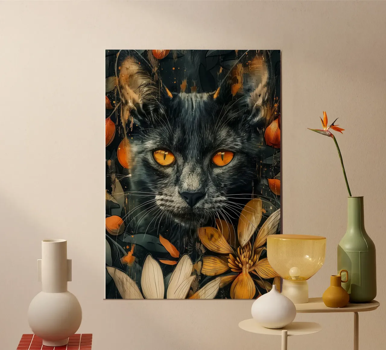 Gatto nero con occhi arancioni alluminio dibond da Justyna Jaszke JBJart
