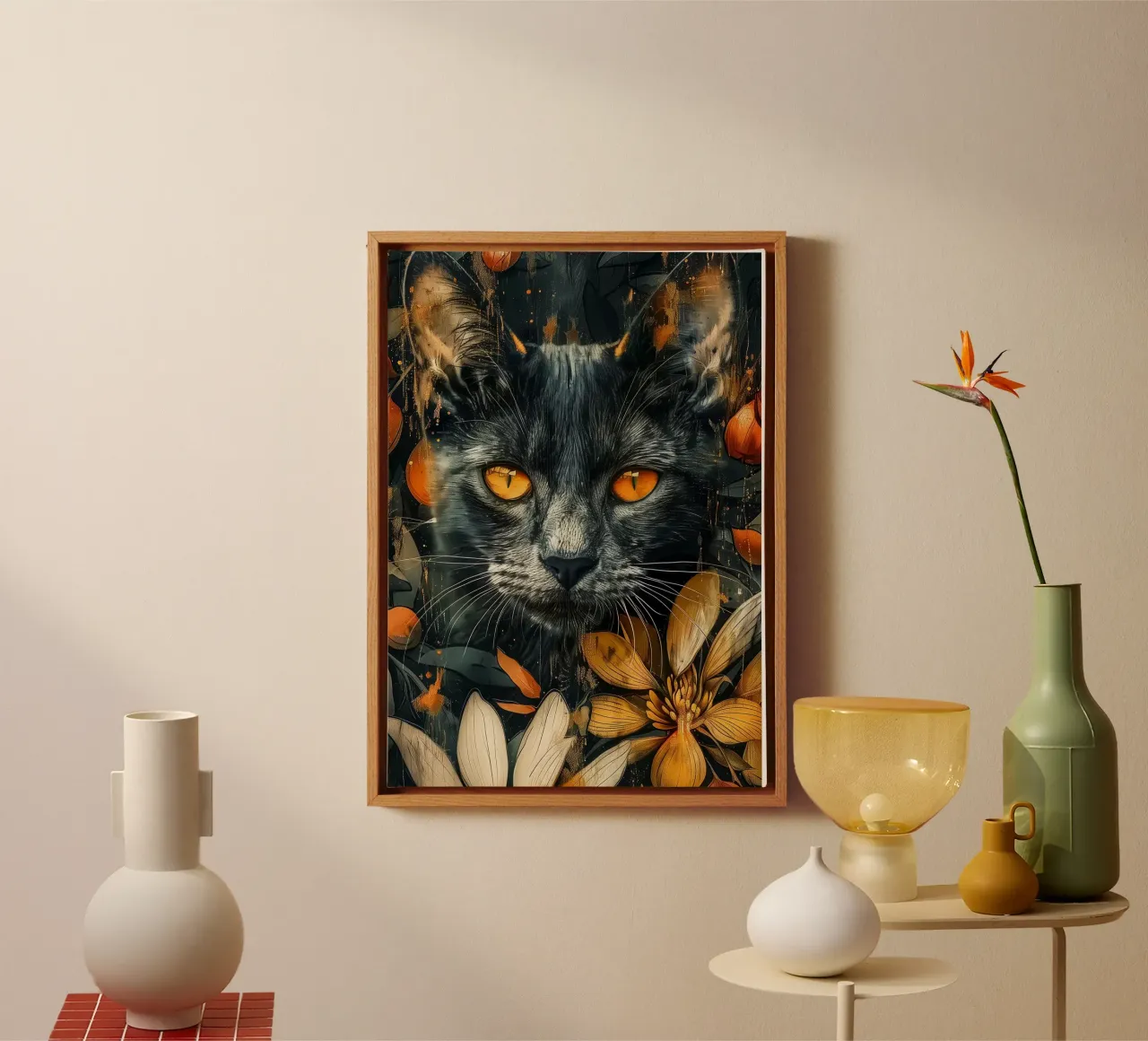 Zwarte kat met oranje ogen canvas met Baklijst van Justyna Jaszke JBJart