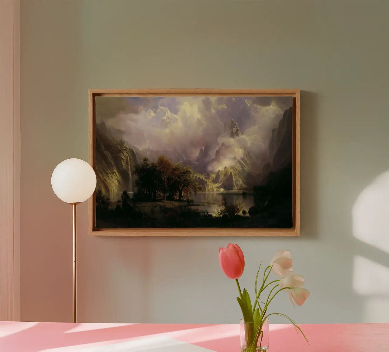 Albert Bierstadt - Landschap in de Rocky Mountain canvas met Baklijst van Timeless Artworks
