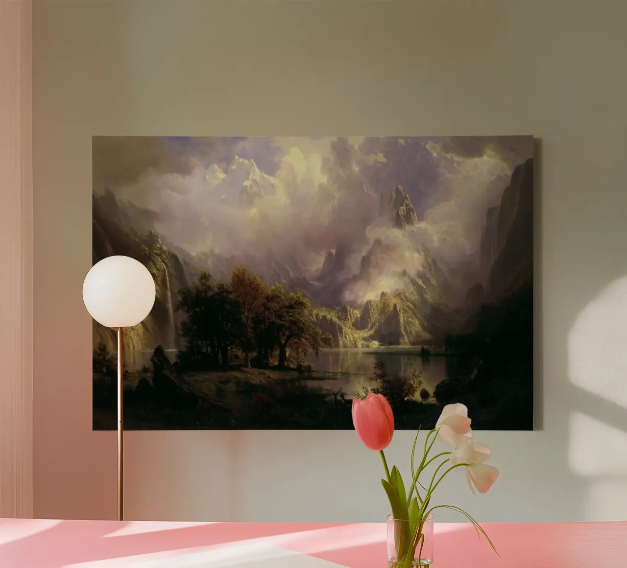 Albert Bierstadt - Landschap in de Rocky Mountain canvas met Baklijst van Timeless Artworks
