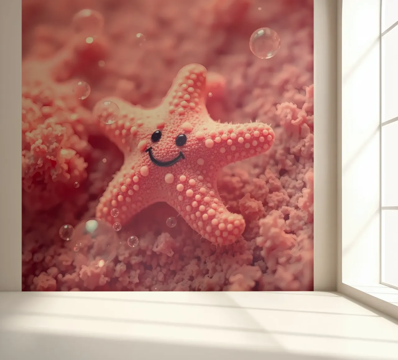 Bright coral starfish with a smiling face resting on pink photo wallpaper by DesignDoodle