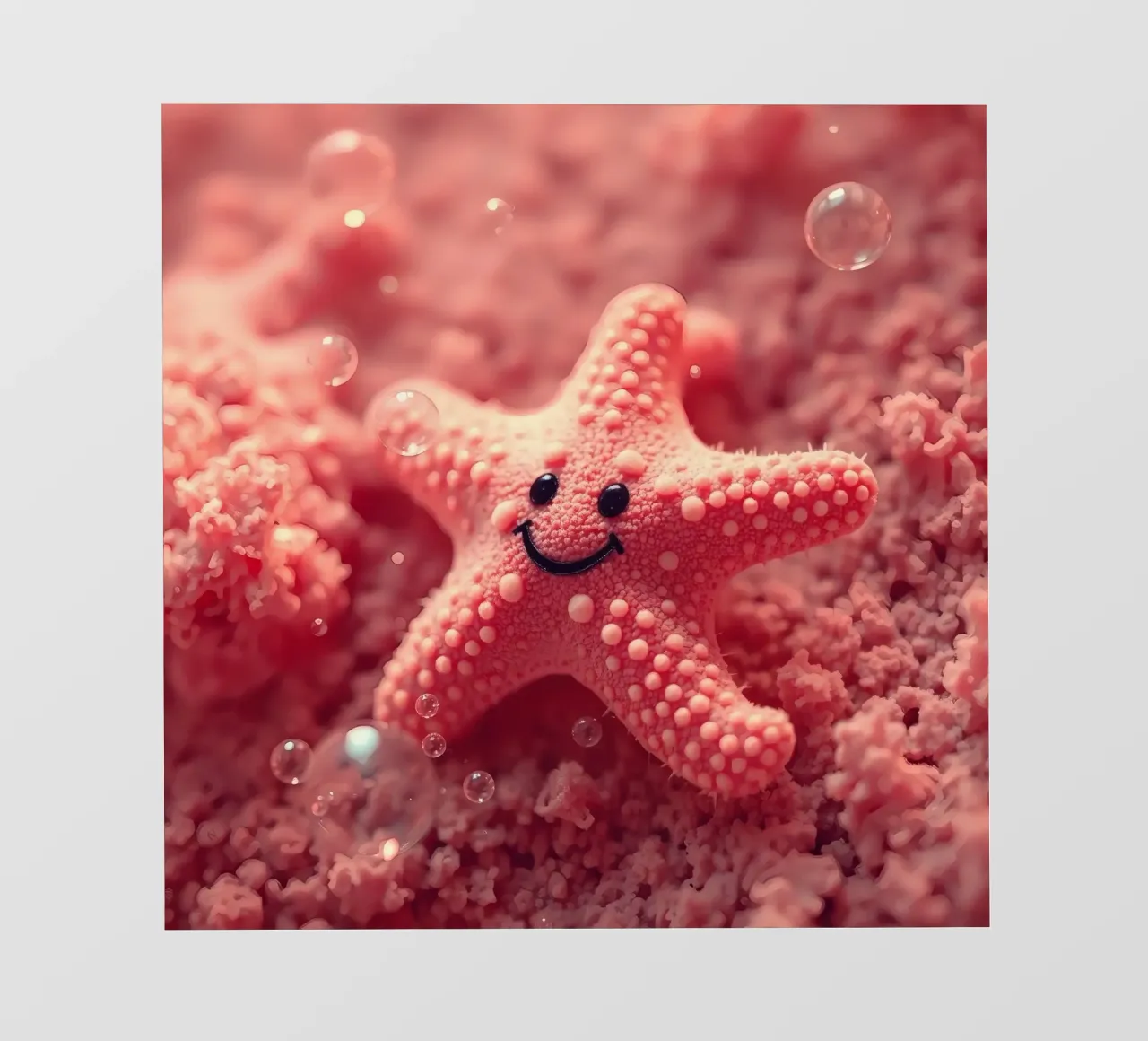Bright coral starfish with a smiling face resting on pink photo wallpaper by DesignDoodle