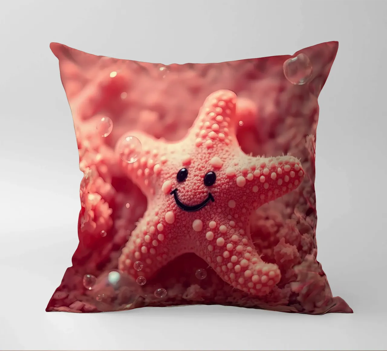 Bright coral starfish with a smiling face resting on pink decorative cushion by DesignDoodle