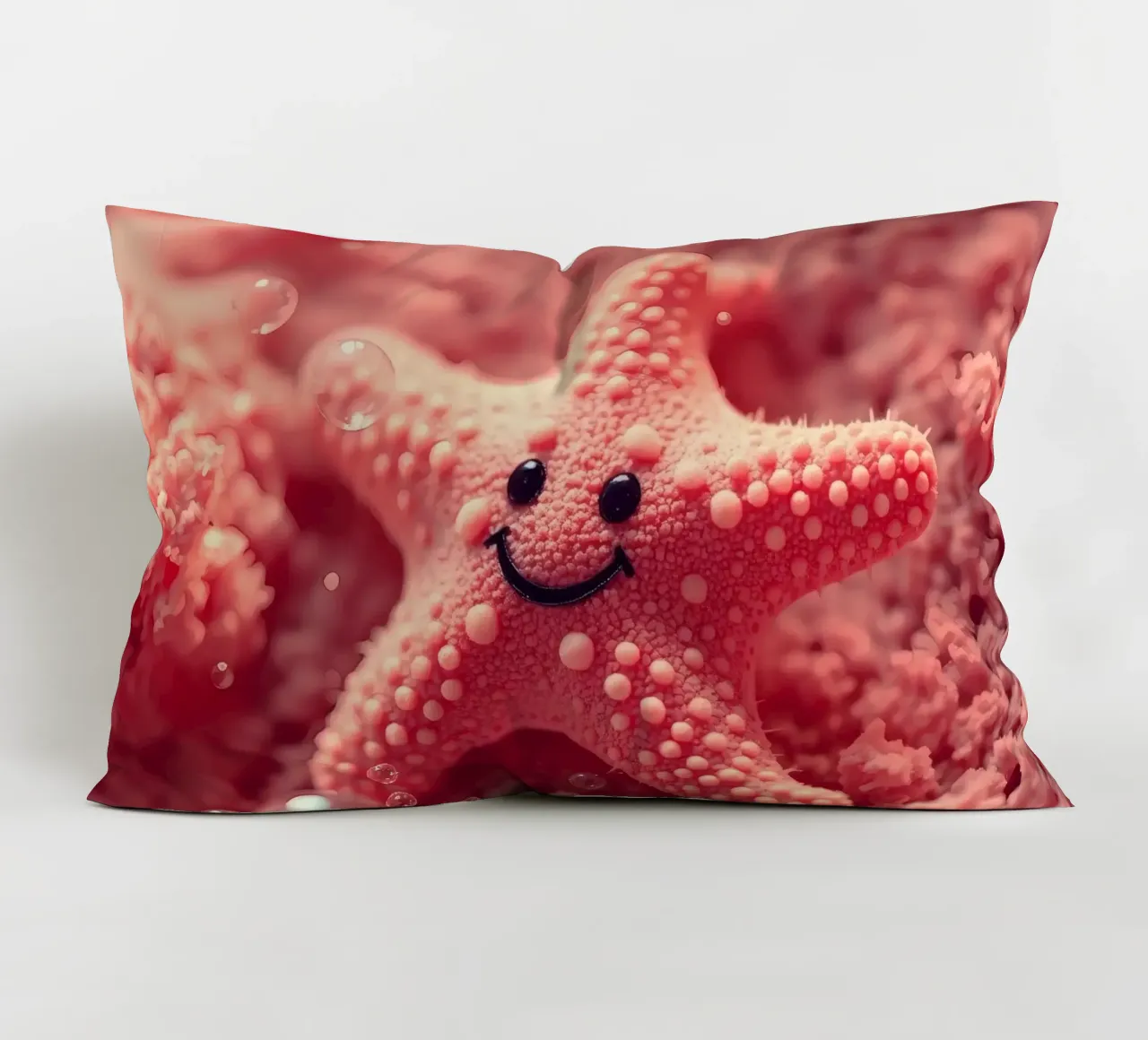 Bright coral starfish with a smiling face resting on pink decorative cushion by DesignDoodle