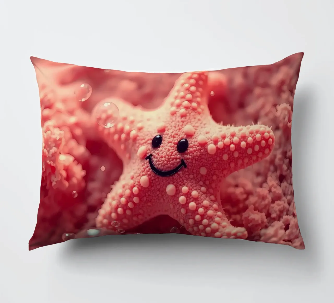 Bright coral starfish with a smiling face resting on pink decorative cushion by DesignDoodle