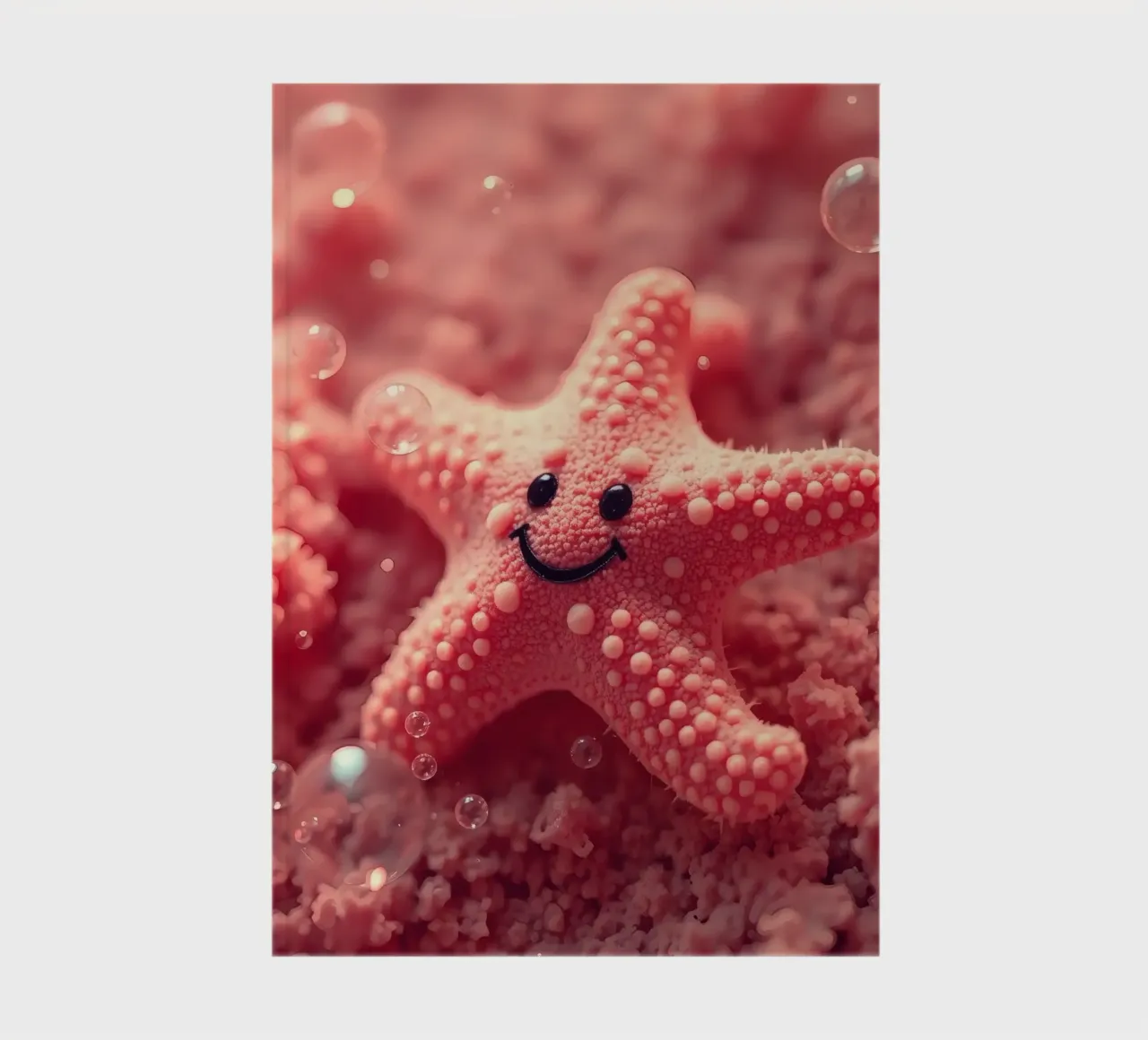 Bright coral starfish with a smiling face resting on pink notebook by DesignDoodle