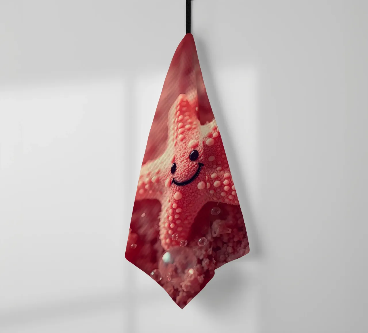 Étoile de mer corail brillant avec un visage souriant reposant sur du rose torchon de DesignDoodle