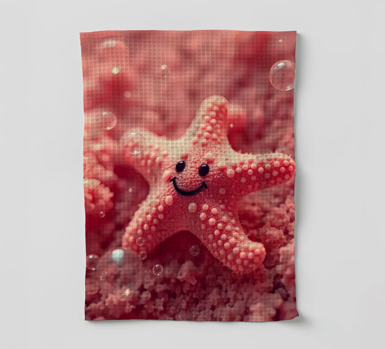 Étoile de mer corail brillant avec un visage souriant reposant sur du rose torchon de DesignDoodle