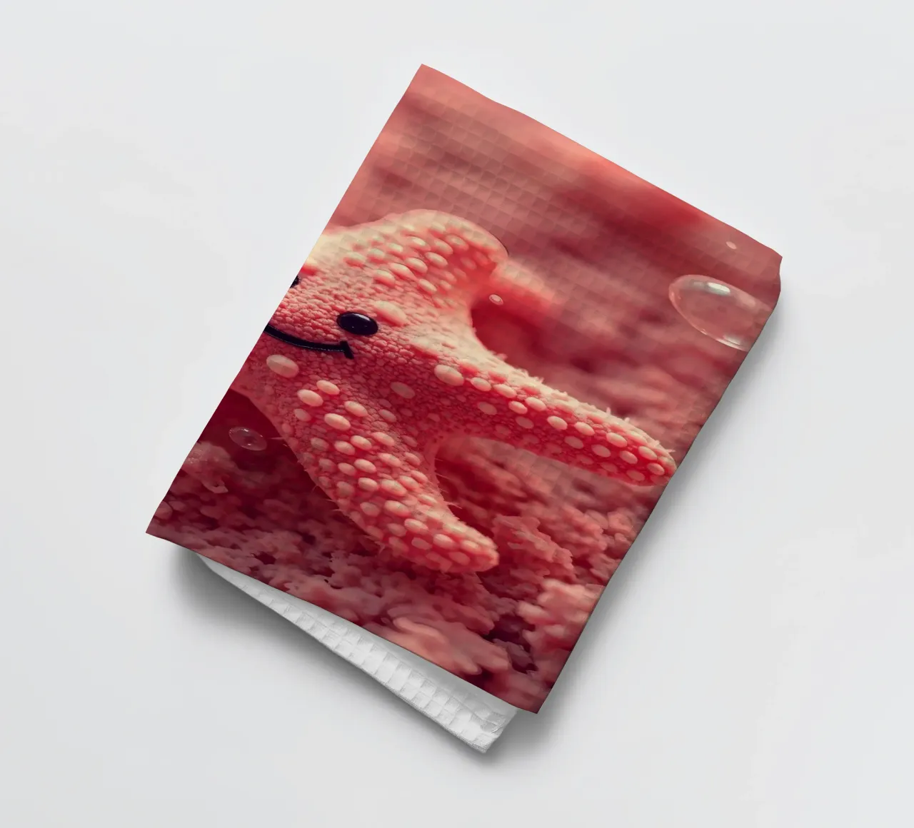 Étoile de mer corail brillant avec un visage souriant reposant sur du rose torchon de DesignDoodle