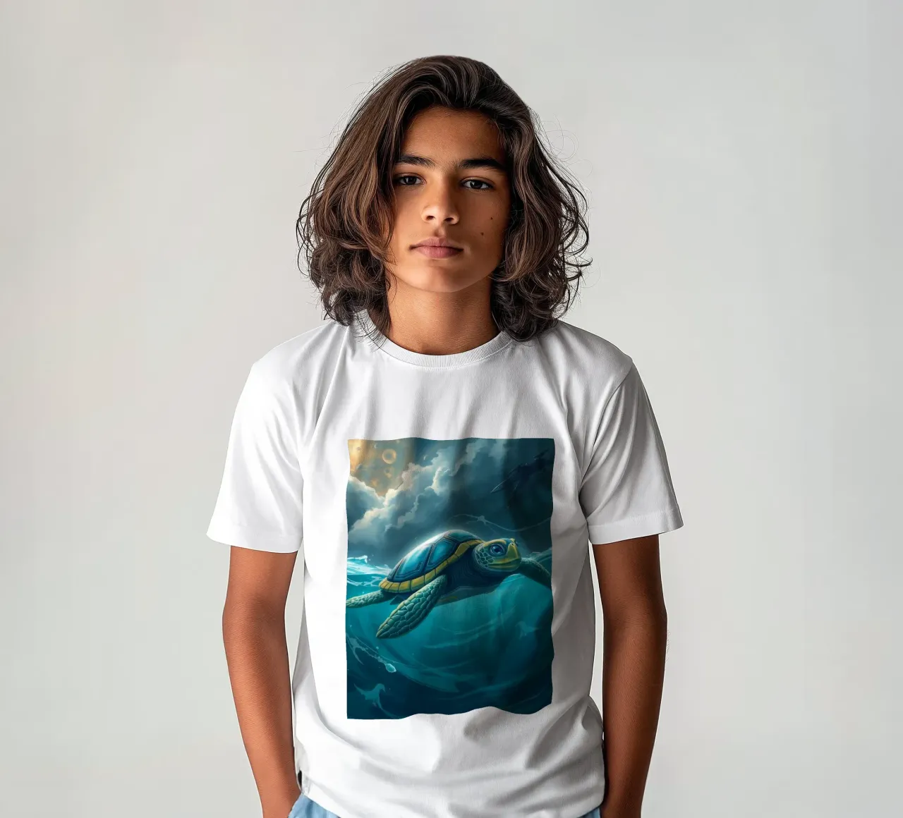 Sea turtle gliding through vibrant waters kids t-shirt by DesignDoodle