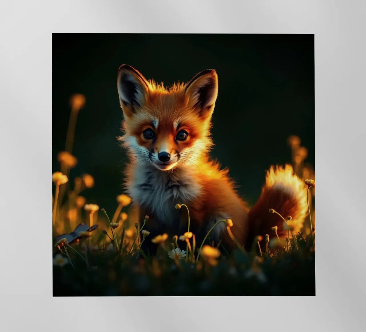 Volpe curiosa circondata da fiori di campo in una morbida luce dorata pellicola backlit da DesignDoodle