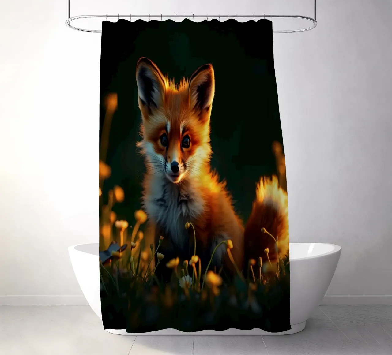 Renard curieux entouré de fleurs sauvages dans une douce lumière dorée rideau de douche de DesignDoodle