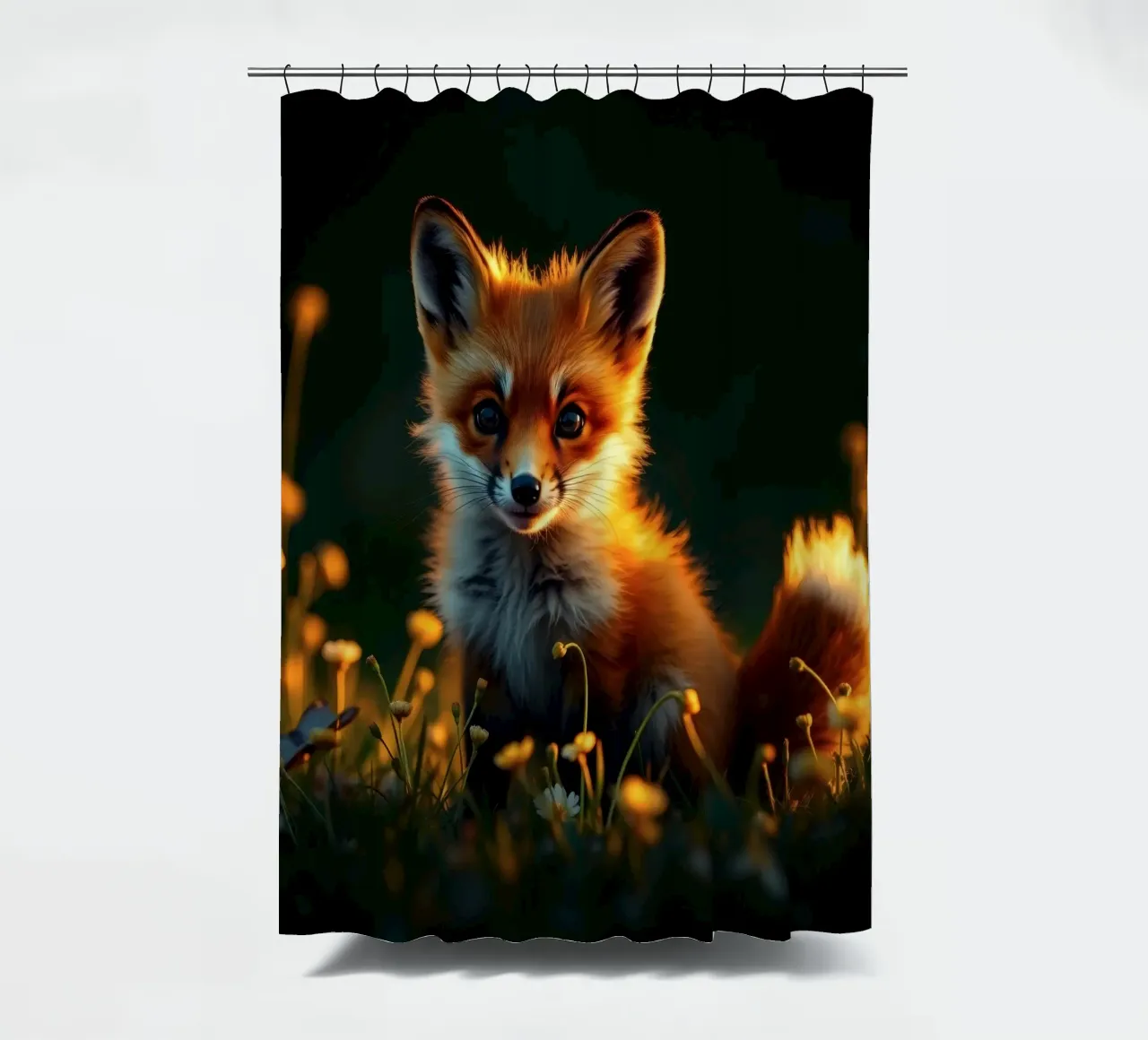 Renard curieux entouré de fleurs sauvages dans une douce lumière dorée rideau de douche de DesignDoodle