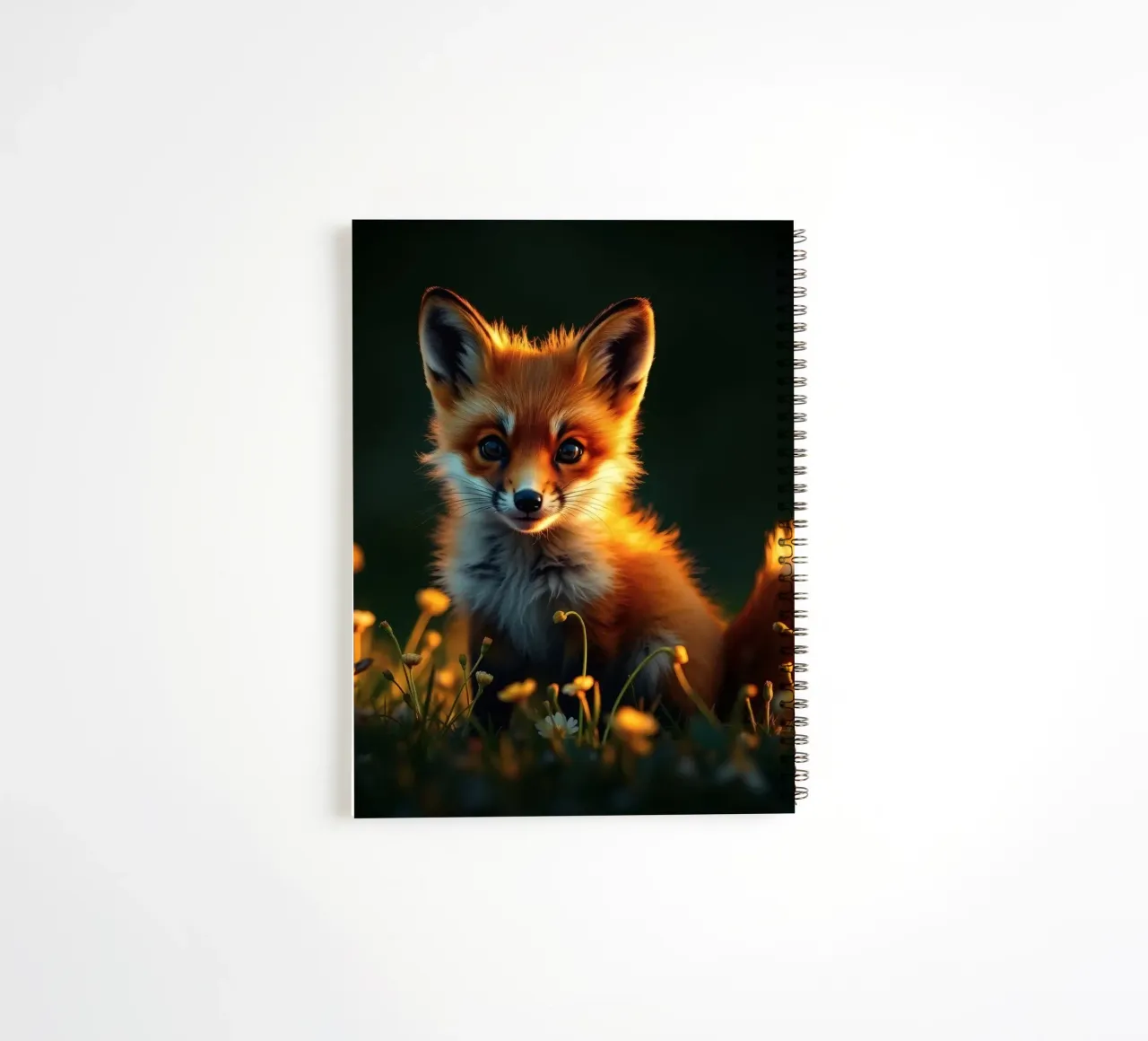 Renard curieux entouré de fleurs sauvages dans une douce lumière dorée carnet à spirale de DesignDoodle