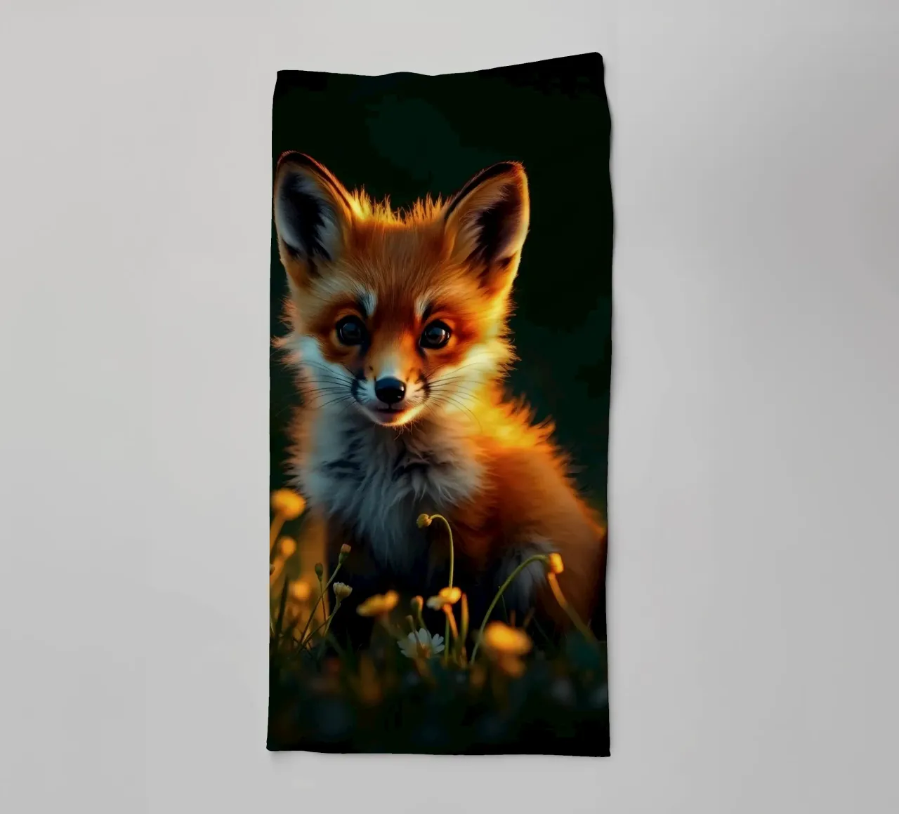 Renard curieux entouré de fleurs sauvages dans une douce lumière dorée serviette de bain de DesignDoodle