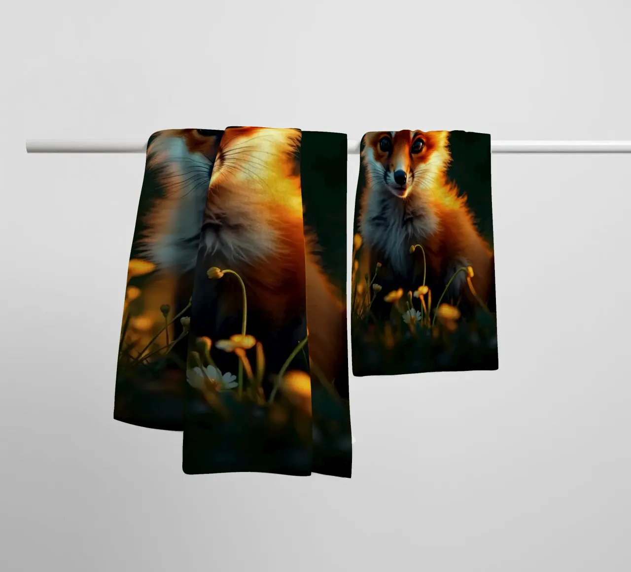 Renard curieux entouré de fleurs sauvages dans une douce lumière dorée serviette de bain de DesignDoodle