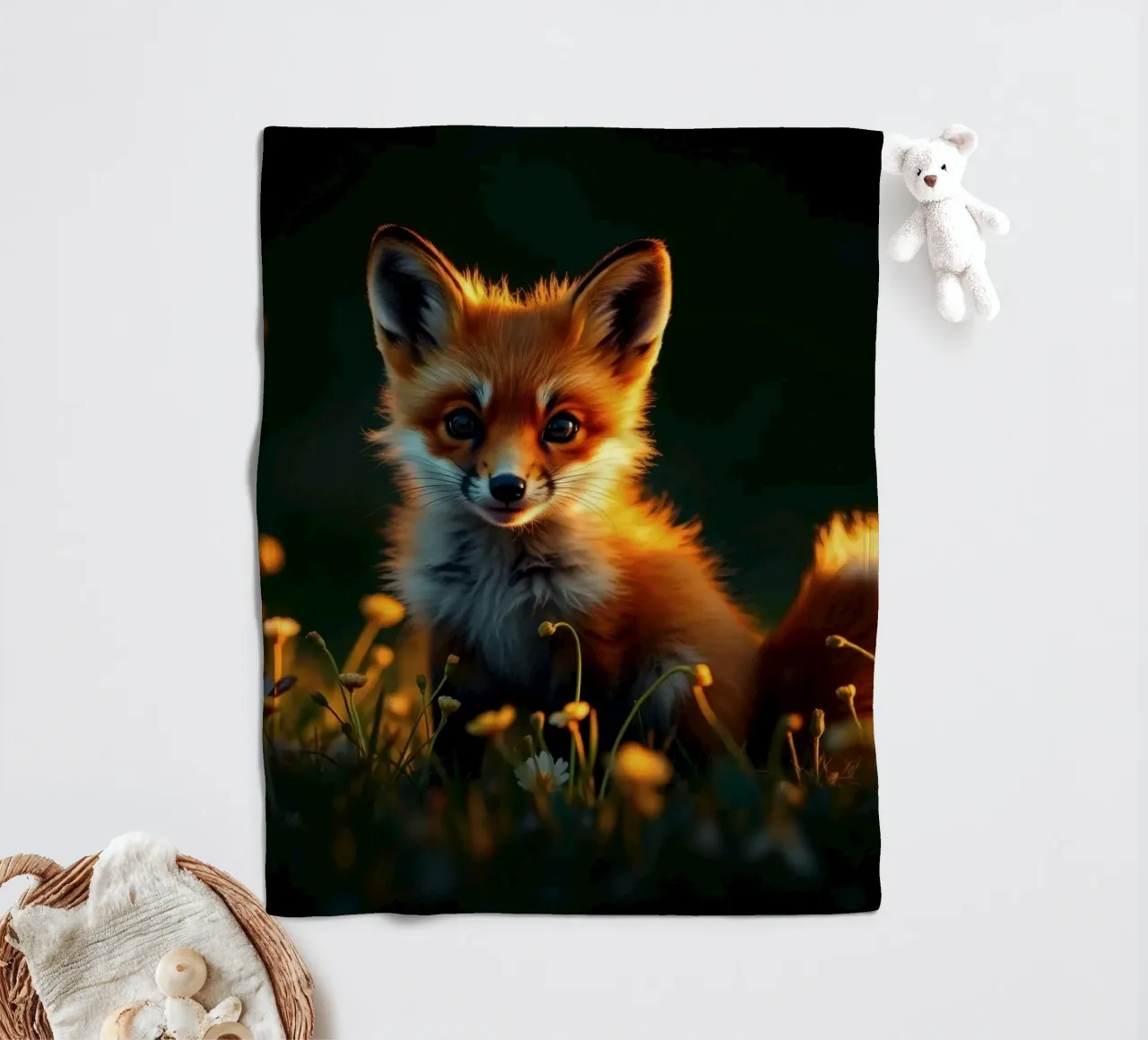 Volpe curiosa circondata da fiori di campo in una morbida luce dorata coperta in pile da DesignDoodle
