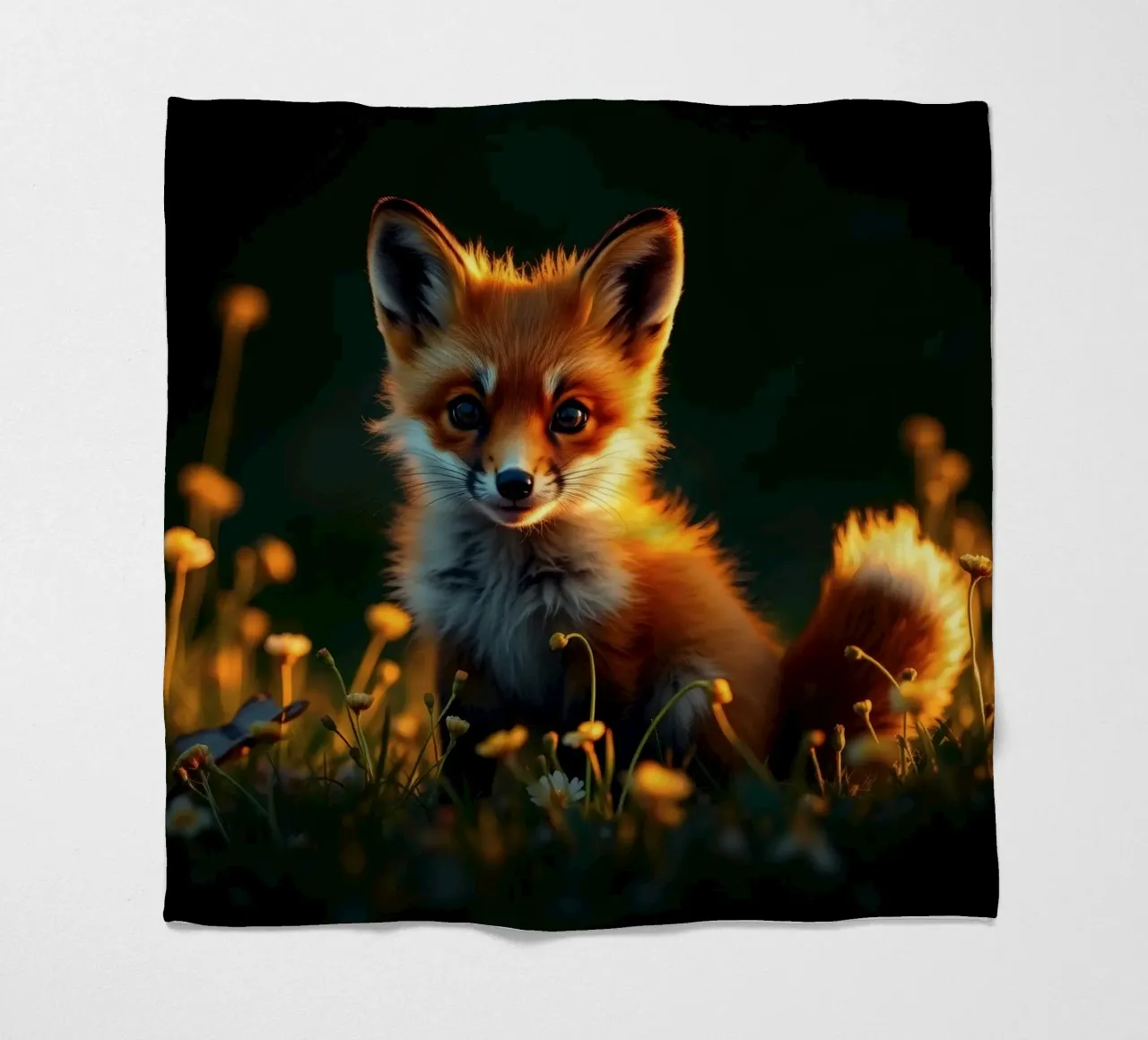 Volpe curiosa circondata da fiori di campo in una morbida luce dorata coperta in pile da DesignDoodle
