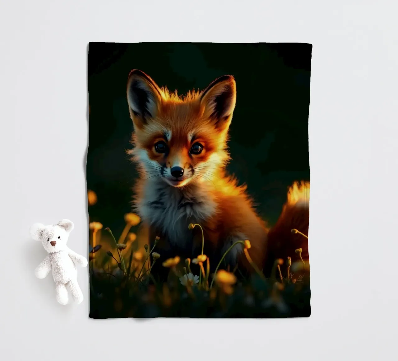 Volpe curiosa circondata da fiori di campo in una morbida luce dorata coperta in pile da DesignDoodle