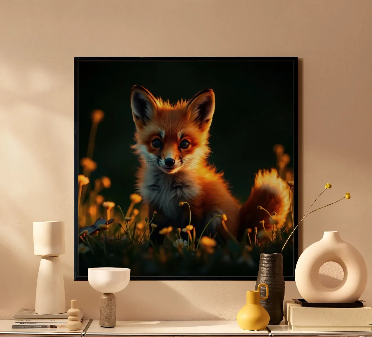 Renard curieux entouré de fleurs sauvages dans une douce lumière dorée hahnemühle de DesignDoodle
