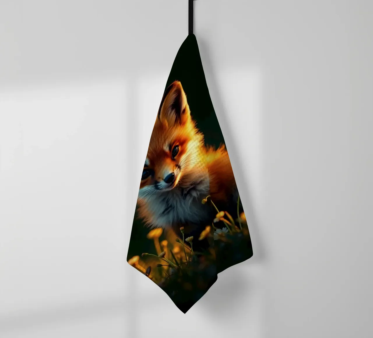Renard curieux entouré de fleurs sauvages dans une douce lumière dorée torchon de DesignDoodle