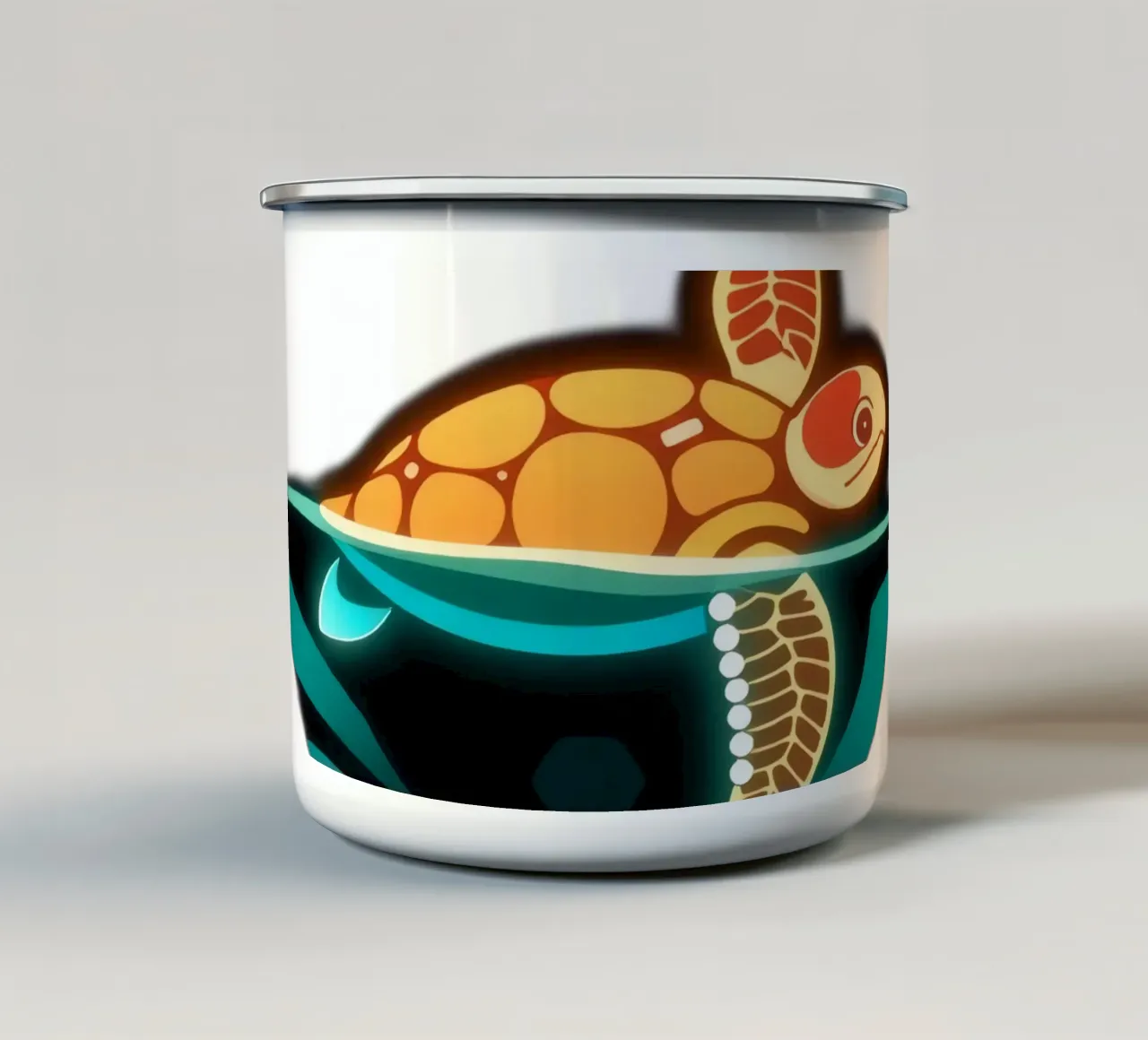Kleurrijke schildpad zwemmend in een gestileerde oceaankom met decor emaille mok van DesignDoodle