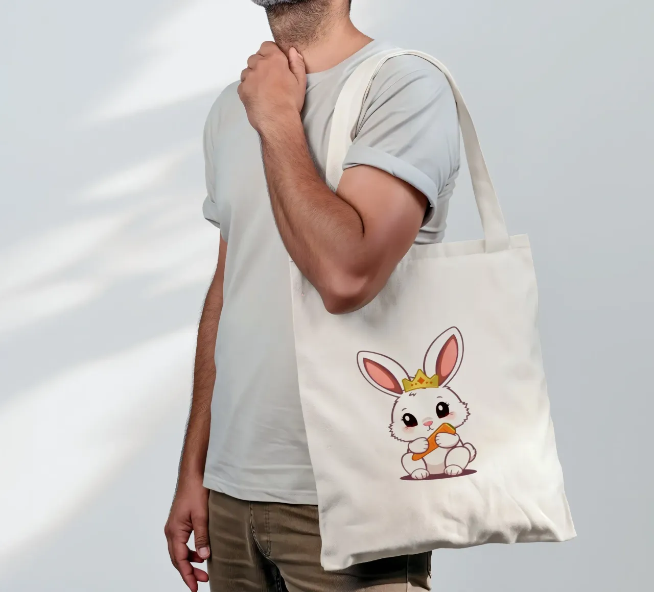 Cute cartoon bunny wearing a crown and munching on a carrot tote bag by DesignDoodle