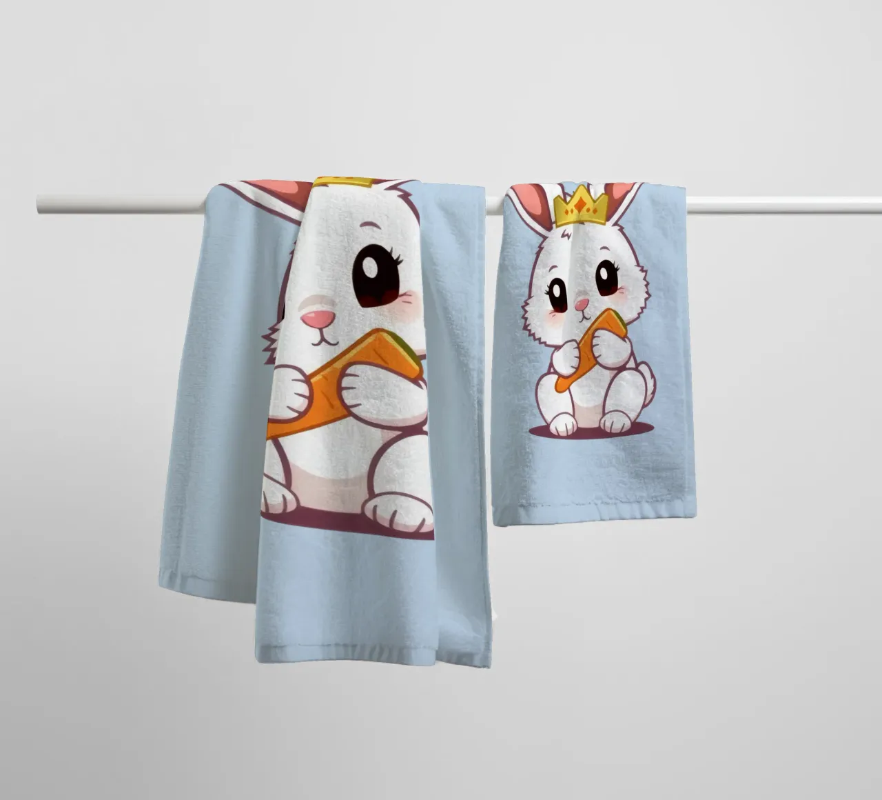 Mignon lapin de dessin animé portant une couronne et mangeant une carotte serviette de bain de DesignDoodle